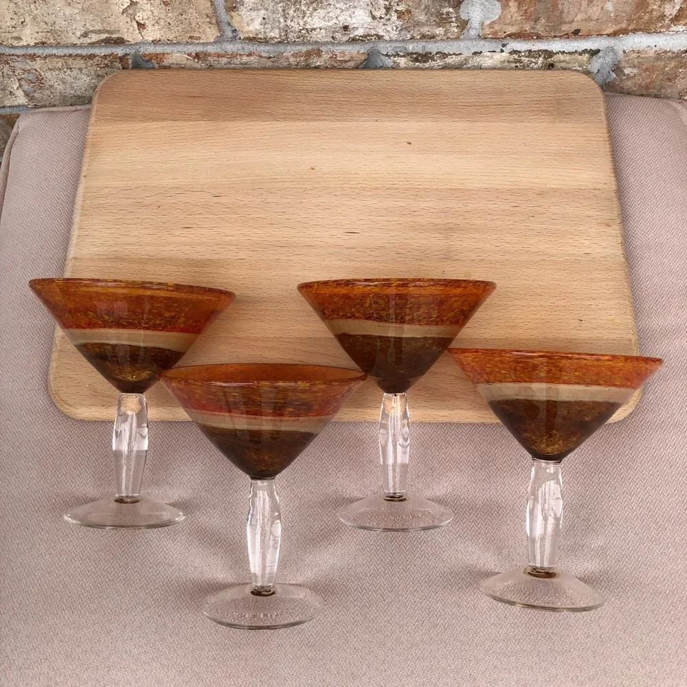 Set Of Four Vintage Hand Blown Glass Orange Brown Heavy Martini Glasses